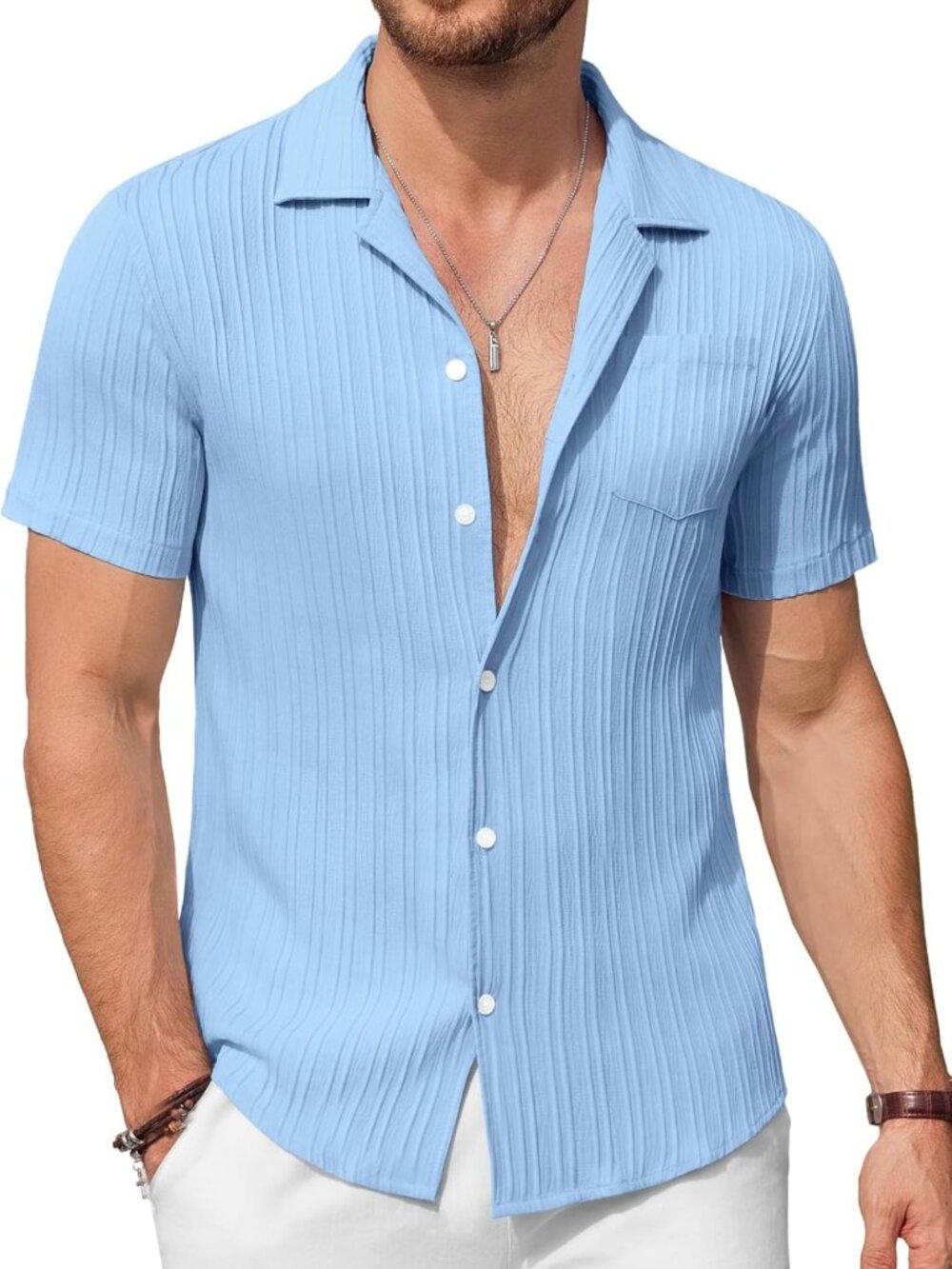 Men's Short Sleeve Cuban Collar Casual Shirt with Pocket - Summer Beach Style